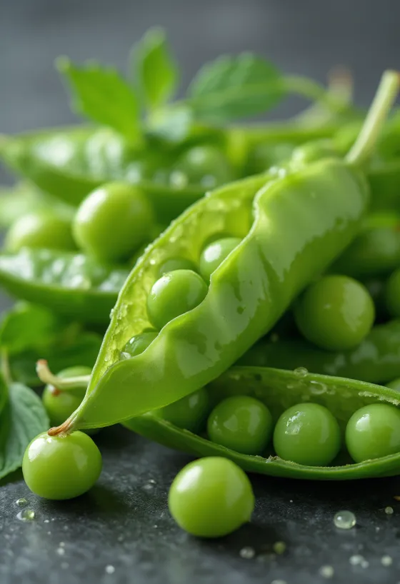 Fresh snow peas (mangetout), green color, against a rustic wooden background