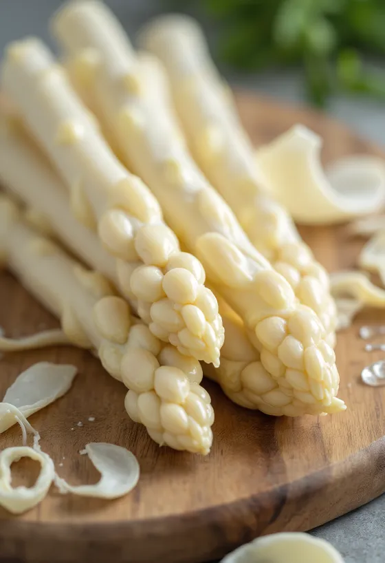 White asparagus in a fresh, elegant presentation against a rustic wooden background