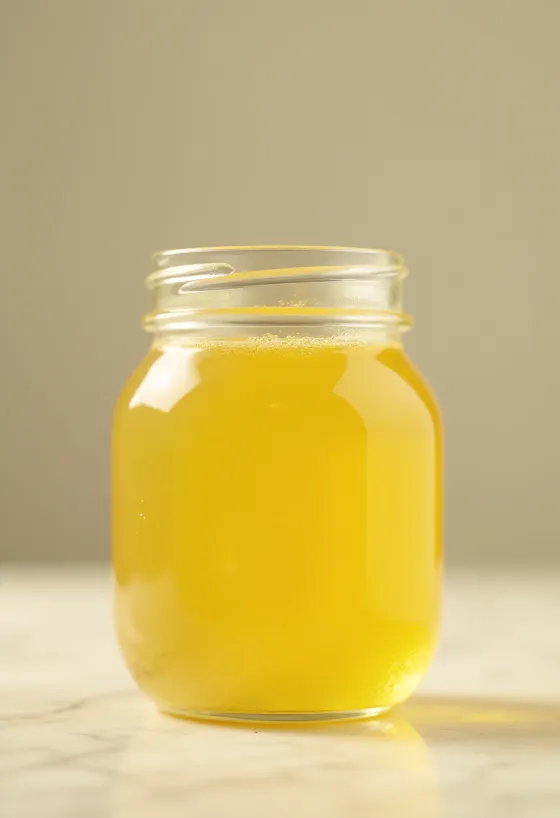 Golden yellow ghee in a small jar with a wooden spoon on a wooden surface