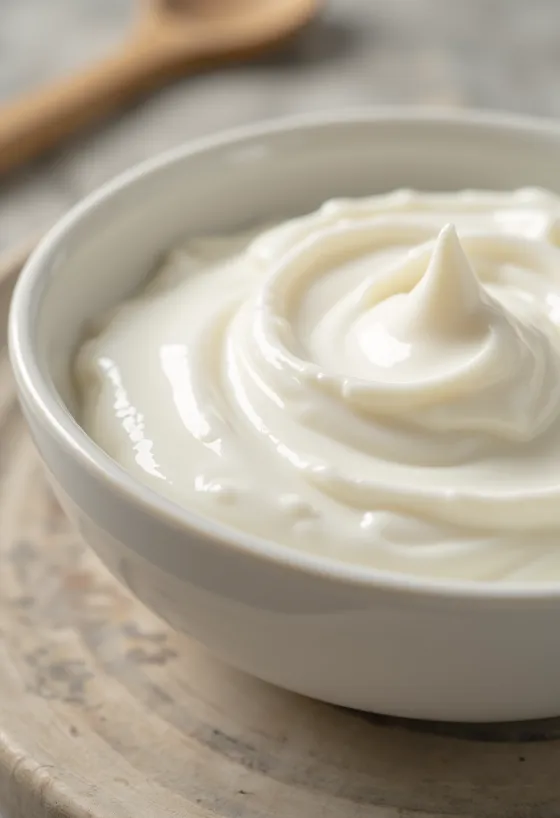 Natural yogurt in a glass bowl with a spoon on a wooden counter