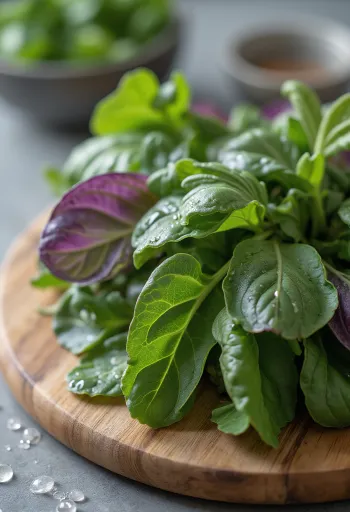 Garden orache leaves and stems, fresh green color, against a rustic wooden background