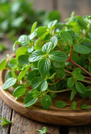 Purslane leaves, thick green color, against a rustic wooden background