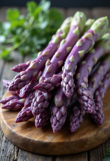 Purple asparagus in fresh, elegant presentation against rustic wood background