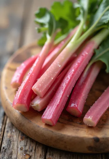 Fresh rhubarb stalks, cleaned surface, in front of rustic wooden background