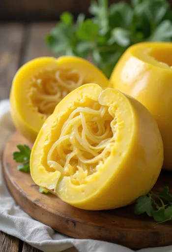 Spaghetti squash cut open, inside and spaghetti-like strands visible