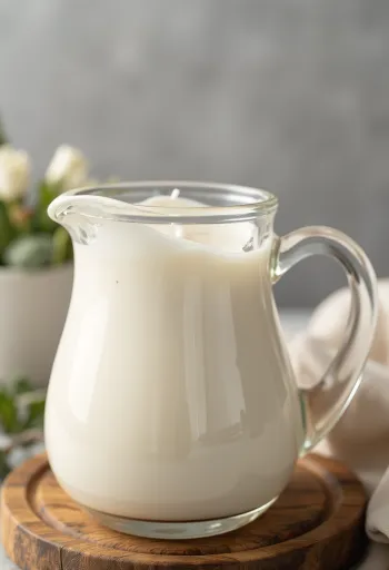 Creamy liquid cream in a glass jug and whipped cream in a small bowl