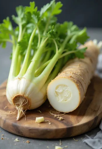 Fresh celeriac root and green celery stalks on a rustic surface