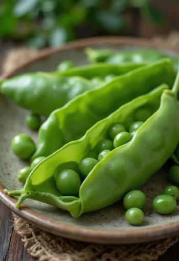 Fresh sugar snap peas, peas visible inside the pods, against a rustic wooden background