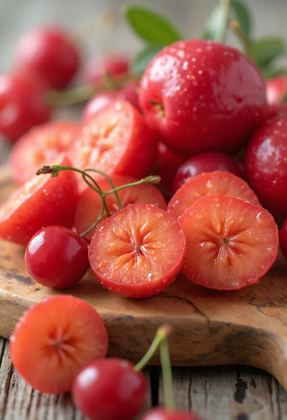 Fresh acerola cherries, whole and cut, on a neutral surface