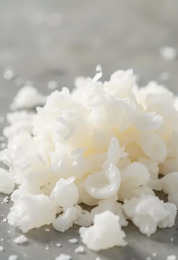 Agar powder and agar flakes on a wooden surface, in a bowl and next to jelly