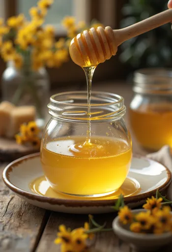 Raw acacia honey in a jar with dipper and fresh acacia flowers