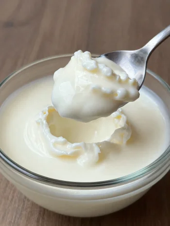 Soured milk in a rustic ceramic bowl with a spoon and slightly whey-covered surface