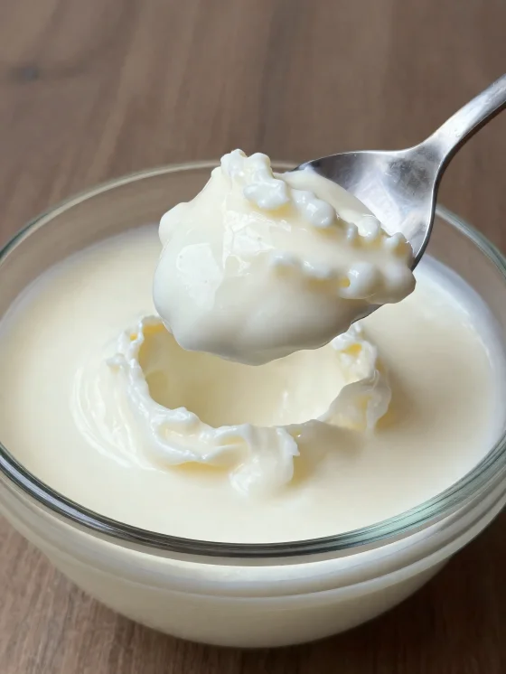 Soured milk in a rustic ceramic bowl with a spoon and slightly whey-covered surface