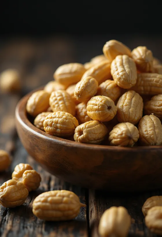 Raw, shelled American large peanuts in natural pile on white background