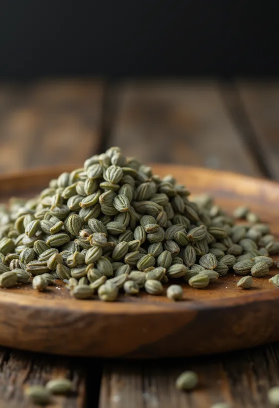 Whole anise seeds in dried form on a wooden surface in a ceramic bowl