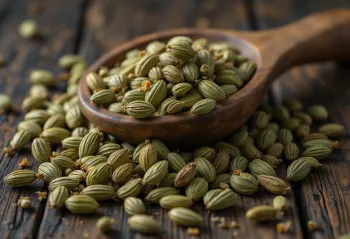 Whole anise seeds in dried form on a wooden surface in a ceramic bowl