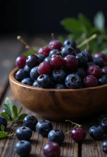 Fresh aronia berries, whole and cut, in natural state