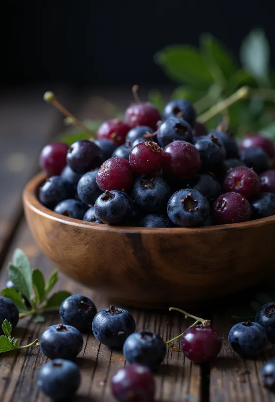 Fresh aronia berries, whole and cut, in natural state