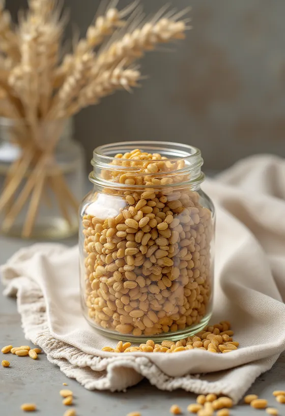 Barley bran in a ceramic bowl and scattered on a wooden kitchen surface