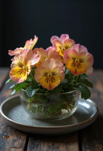 Edible pansy flowers on a white plate, ready for culinary use