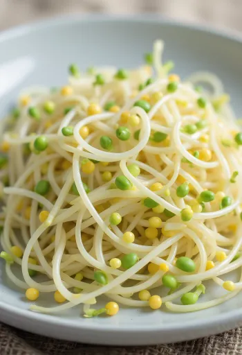 Fresh mung bean sprouts arranged on a white plate with a few whole mung beans