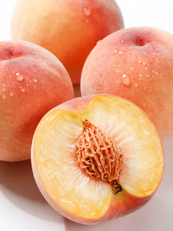Whole and sliced peaches on a wooden table, next to a glass of peach juice
