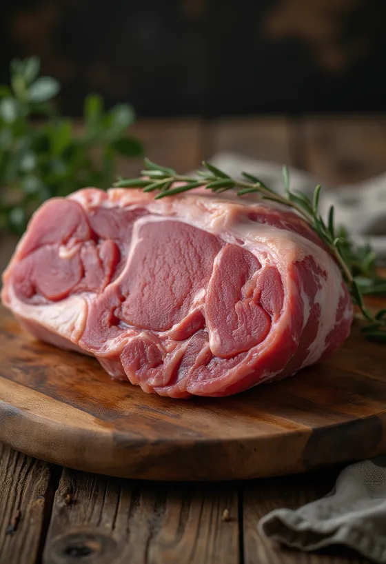 Raw boneless leg of lamb on a rustic wooden surface, showing fat layer