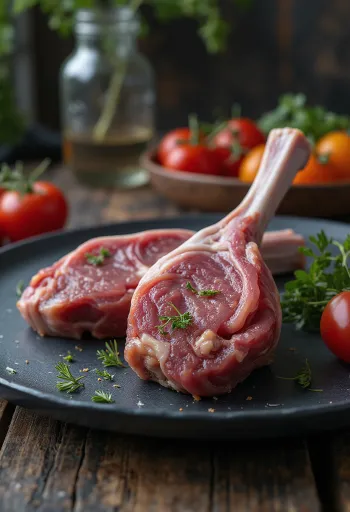 Raw lamb shank fillet arranged on a rustic wooden cutting board