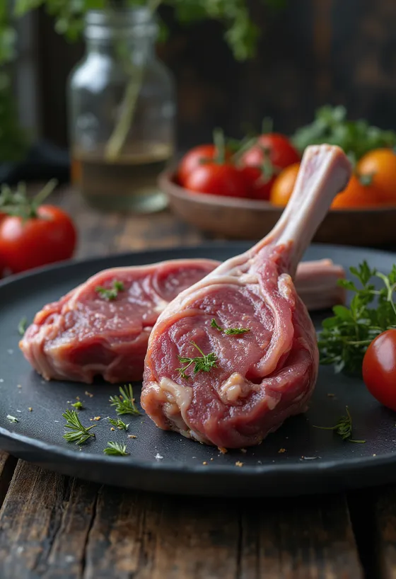 Raw lamb shank fillet arranged on a rustic wooden cutting board
