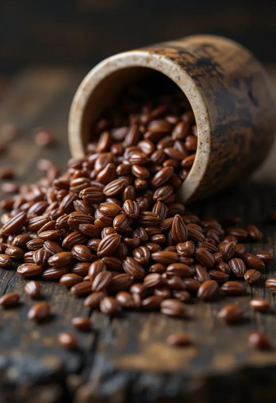 whole brown flaxseed on wooden surface, in small bowl