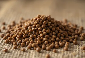 whole brown mustard seeds as dried spice on wooden surface