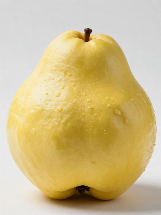 Whole and sliced quince fruits on a wooden surface with green leaves