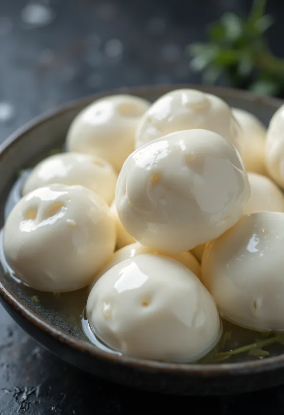 Fresh buffalo mozzarella cheese in a white ceramic bowl, on a wooden table