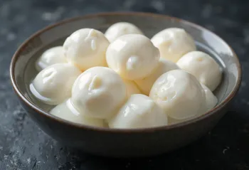 Fresh buffalo mozzarella cheese in a white ceramic bowl, on a wooden table