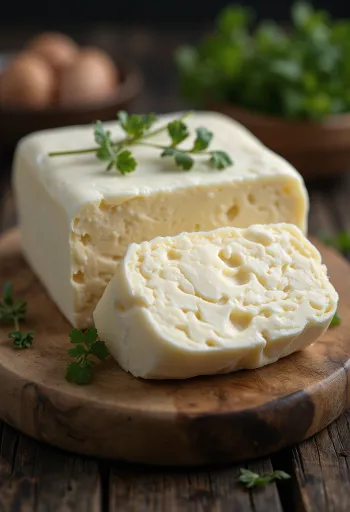 Buffalo butter in a small ceramic bowl, creamy texture, light colored fat