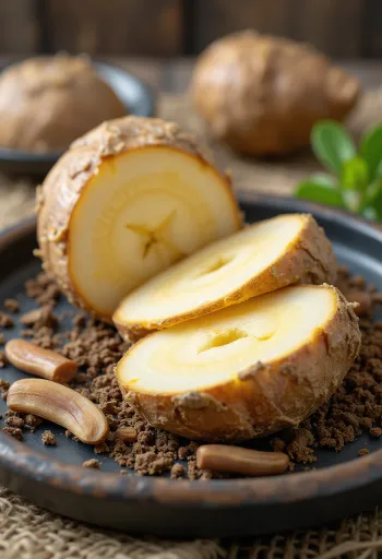 Fresh burdock root sliced and whole, brown skin with light interior