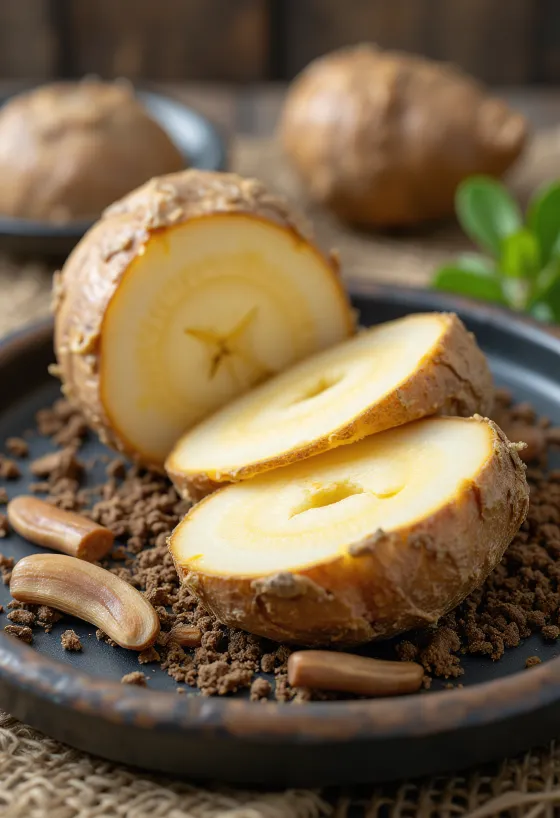 Fresh burdock root sliced and whole, brown skin with light interior