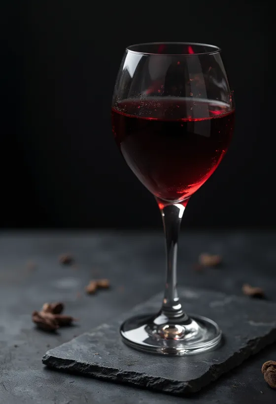 Wine in a glass cup, surrounded by grape clusters, grape must, and a wooden barrel