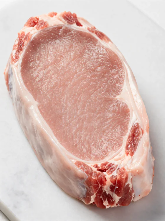 Fresh light-colored veal pieces with spices on a wooden cutting board