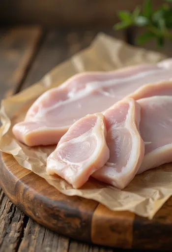 Sliced raw pork rind on a wooden cutting board, cleaned and prepared