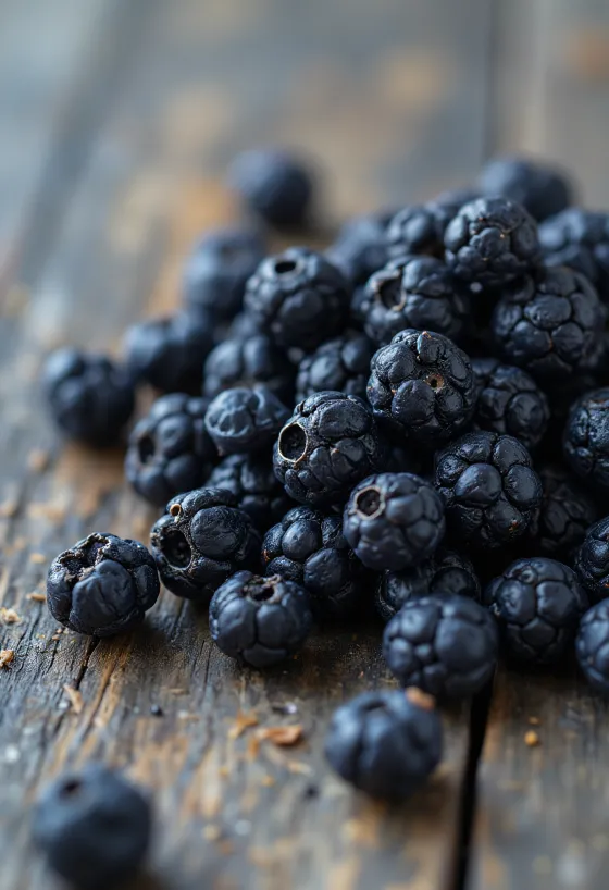 Dried juniper berries on a rustic wooden surface, in natural form