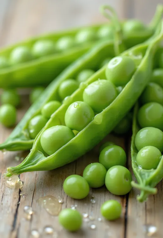 Fresh peas in pods and shelled on a wooden table in natural light