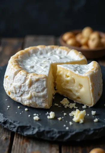 Fresh Brie cheese in a white ceramic bowl, on a wooden table