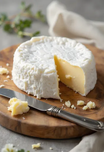 Sliced Brie cheese on a wooden cutting board with a creamy interior