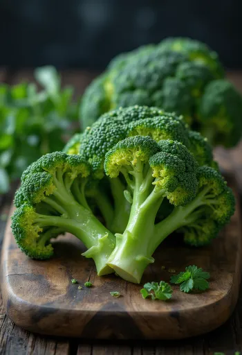 Fresh broccoli vegetable up close, with water droplets on the surface