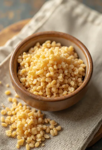 Raw bulgur in a ceramic bowl, with grains scattered on a wooden surface