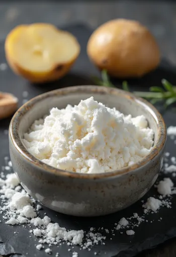 Potato starch in fine powder form in a bowl and scattered with a wooden spoon
