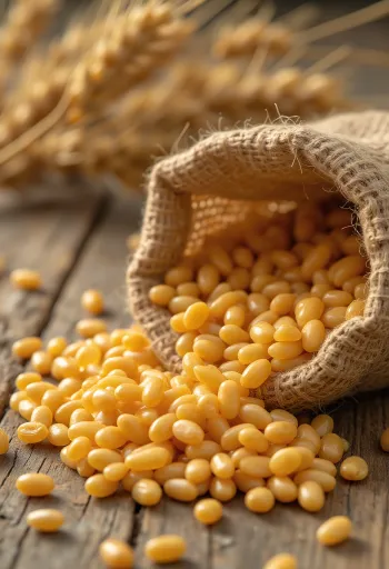 Cleaned wheat berries in a sack and scattered on a wooden surface