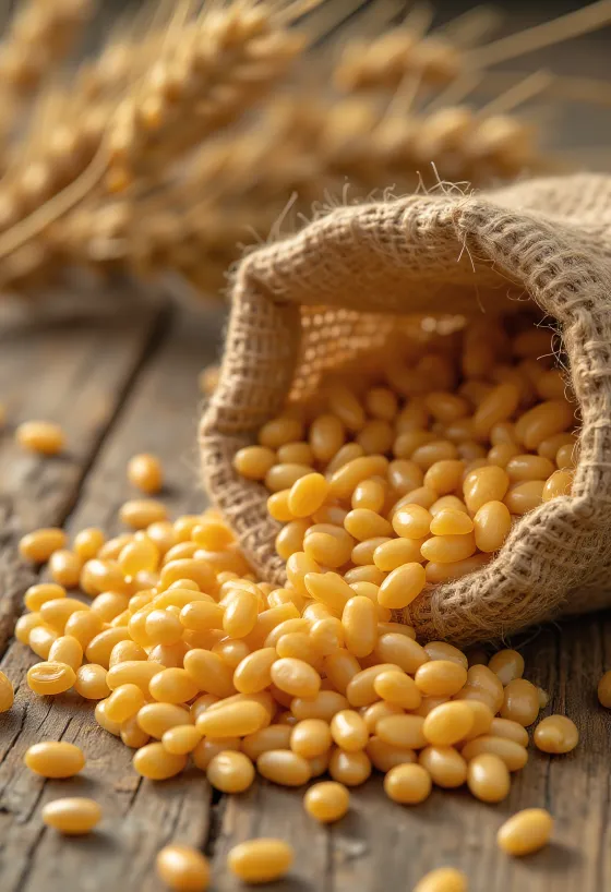 Cleaned wheat berries in a sack and scattered on a wooden surface