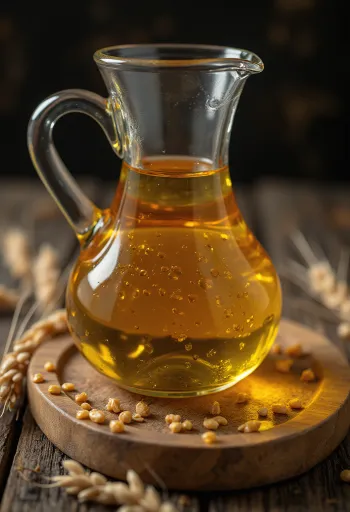 Wheat germ oil in a small glass bowl, beside wheat grains and wheat germ